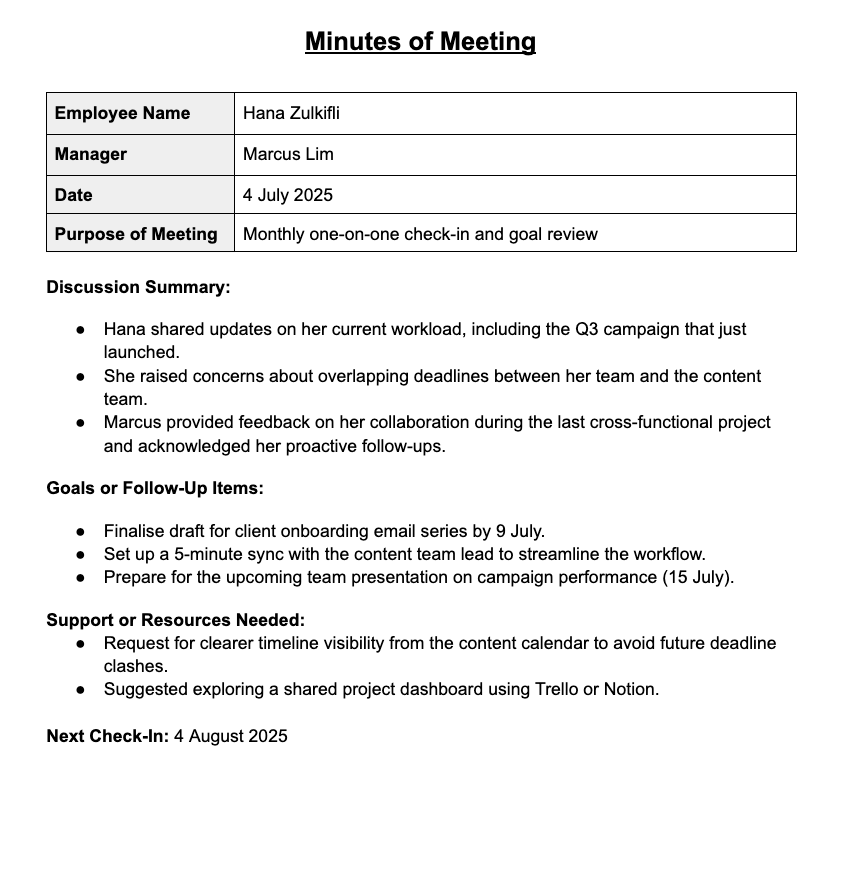 One-on-One Meeting Notes (Manager & Staff)